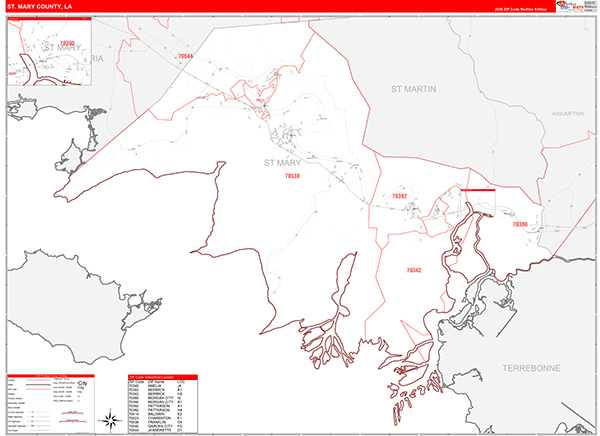 St. Mary Parish (County), LA Wall Map Red Line Style
